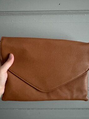 Cognac Brown Faux Leather Envelope Clutch with Strap | initial outfitters | NWOT